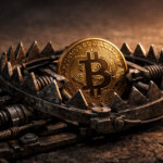 A Bitcoin coin sits in a steel bear trap, symbolizing surging demand held down by dealer mechanics until a specific price level finally breaks