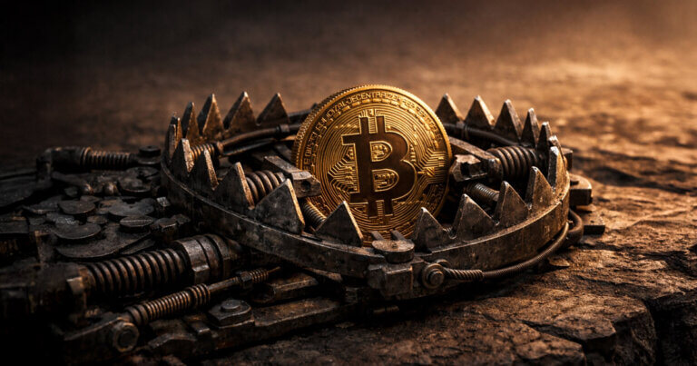 A Bitcoin coin sits in a steel bear trap, symbolizing surging demand held down by dealer mechanics until a specific price level finally breaks
