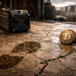 A lone Bitcoin miner and single coin sit in a storm-lit workshop, illustrating rare solo block wins defying expectations as small operators beat mega-miners in a volatile year