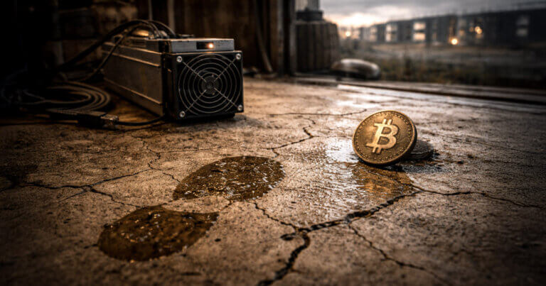 A lone Bitcoin miner and single coin sit in a storm-lit workshop, illustrating rare solo block wins defying expectations as small operators beat mega-miners in a volatile year
