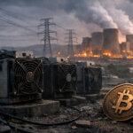 dle Bitcoin mining rigs sit dark near a smoking power plant as a lone BTC coin rests in the foreground, showing how high electricity prices delay miner restarts despite the rally