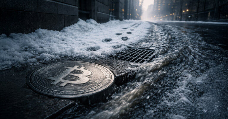 Bitcoin coin embedded in an icy city street drain as meltwater rushes past, symbolizing a sharp $1.3 billion outflow that stalled Bitcoin’s $125K rally momentum