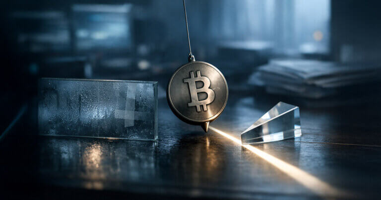 A Bitcoin coin acting as a pendulum refracts a beam of light through glass prisms on a desk, symbolizing how BTC reacts first to shifting real yields amid noisy PCE inflation data