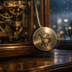 A Bitcoin-branded pendulum slowing beside exposed clockwork gears in a dim room, symbolizing weakening Bitcoin price momentum and a loss of market timing speed
