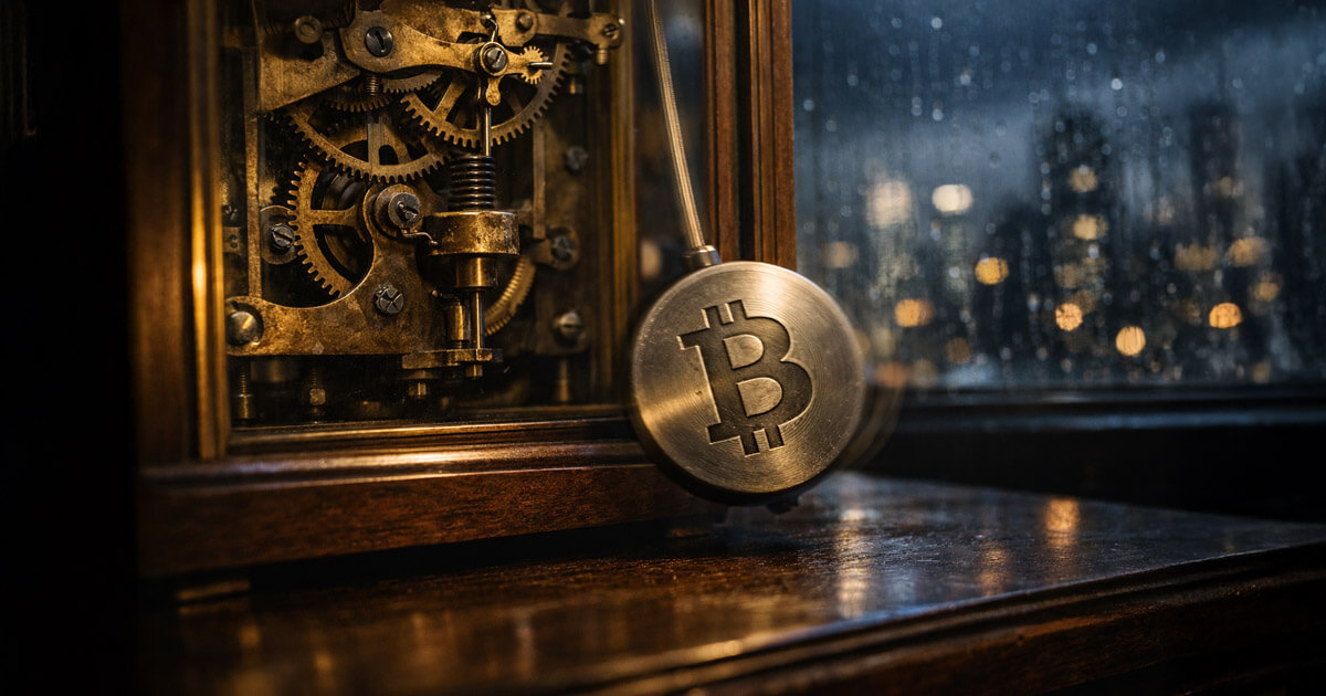 A Bitcoin-branded pendulum slowing beside exposed clockwork gears in a dim room, symbolizing weakening Bitcoin price momentum and a loss of market timing speed