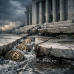 Bitcoin coins flow through a cracked stone channel beneath a government building, symbolizing ETF exposure seeping onto bank balance sheets beyond Fed stress models