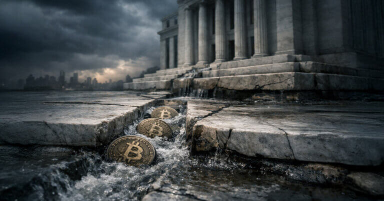 Bitcoin coins flow through a cracked stone channel beneath a government building, symbolizing ETF exposure seeping onto bank balance sheets beyond Fed stress models