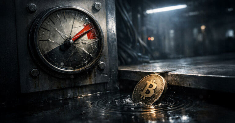 A cracked industrial gauge and submerged Bitcoin coin symbolize AI agents coordinating key theft across a viral network and demanding Bitcoin as payment