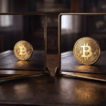 Two Bitcoin coins displayed behind glass panels on a desk, symbolizing Vanguard’s increased Metaplanet exposure and a subtle ratio that hints at deeper institutional positioning signals