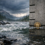 Bitcoin coin pressed against a concrete marker in a fast river under storm clouds, symbolizing options markets pricing a 30% risk of sub-$80K by late June