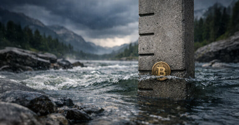 Bitcoin coin pressed against a concrete marker in a fast river under storm clouds, symbolizing options markets pricing a 30% risk of sub-$80K by late June
