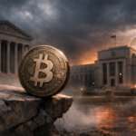 Bitcoin perched on a cracked ledge as storm clouds loom over the Fed and Supreme Court buildings, symbolizing a 72-hour risk window from clashing policy signals and legal uncertainty