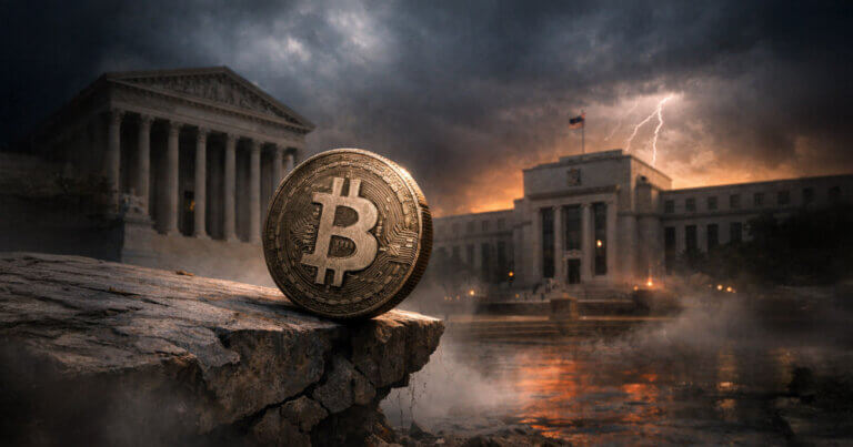 Bitcoin perched on a cracked ledge as storm clouds loom over the Fed and Supreme Court buildings, symbolizing a 72-hour risk window from clashing policy signals and legal uncertainty