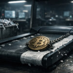 A chained Bitcoin coin rides a worn treadmill in a dim trading room, symbolizing leveraged perpetual futures liquidations repeatedly driving BTC price action and market momentum