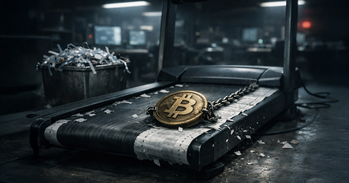 A chained Bitcoin coin rides a worn treadmill in a dim trading room, symbolizing leveraged perpetual futures liquidations repeatedly driving BTC price action and market momentum