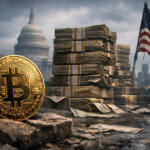 Bitcoin coin on cracked pavement faces towering stacks of US dollar cash near the Capitol and flag, showing crypto’s reserve hopes colliding with $30T Treasurys and misdirected retail bets