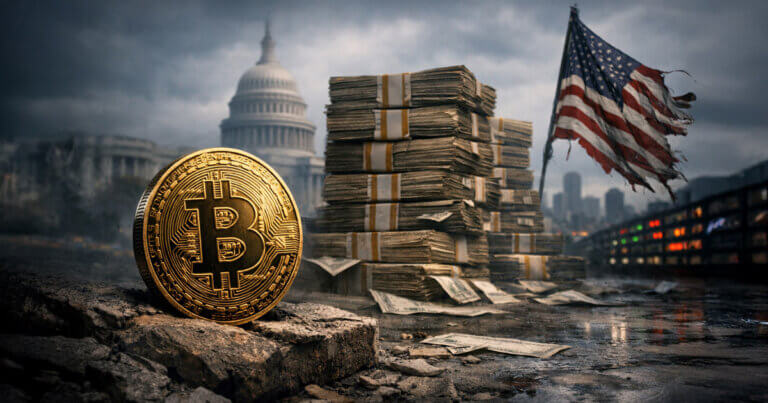 Bitcoin coin on cracked pavement faces towering stacks of US dollar cash near the Capitol and flag, showing crypto’s reserve hopes colliding with $30T Treasurys and misdirected retail bets
