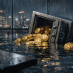 Rain-soaked floor where a tipped vault spills Bitcoin coins into water, symbolizing Bitcoin treasury companies underwater and unrealized losses spooking markets