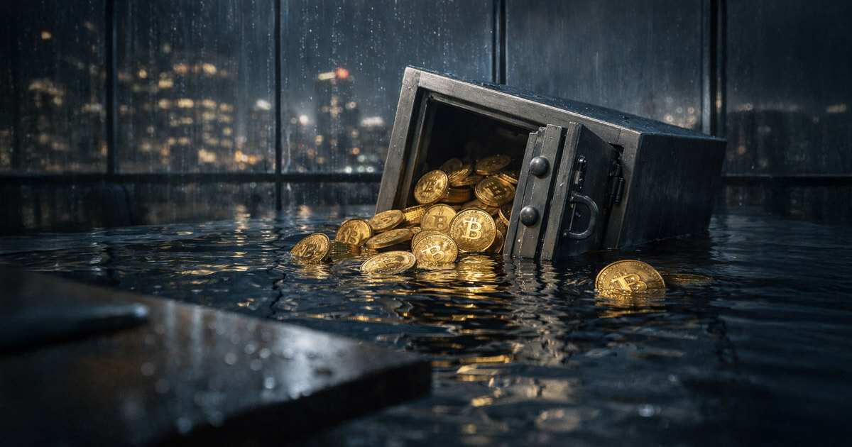 Rain-soaked floor where a tipped vault spills Bitcoin coins into water, symbolizing Bitcoin treasury companies underwater and unrealized losses spooking markets