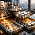 A Bitcoin-branded financial machine dispenses stacked coins into metal trays, illustrating a new token offering access to Strategy’s 11% Bitcoin yield without owning shares