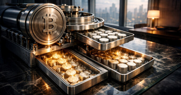 A Bitcoin-branded financial machine dispenses stacked coins into metal trays, illustrating a new token offering access to Strategy’s 11% Bitcoin yield without owning shares