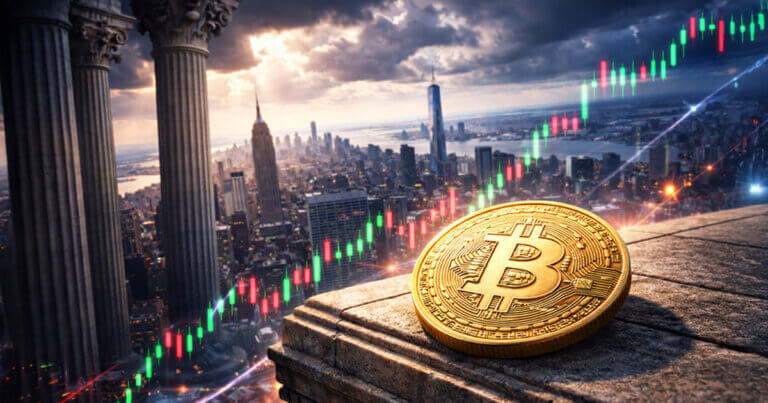 Bitcoin coin overlooking New York with rising and falling candlestick charts under stormy skies, highlighting four major macro tests that could spark sharp BTC volatility