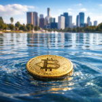 A single Bitcoin coin floating calmly on a lake with a city skyline in the background, symbolizing unusually low volatility as institutions absorbed major market swings.