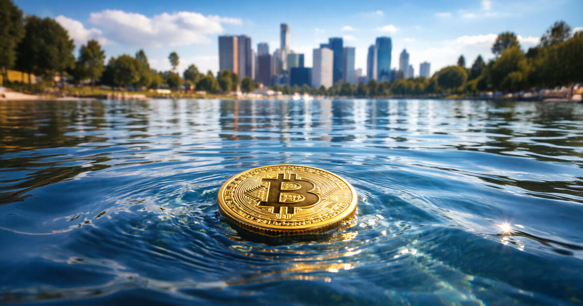 A single Bitcoin coin floating calmly on a lake with a city skyline in the background, symbolizing unusually low volatility as institutions absorbed major market swings.