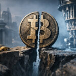 A cracked Bitcoin coin stands over a widening fault line between Wall Street landmarks, symbolizing how the debate has shifted from price targets to upgrade and governance risk