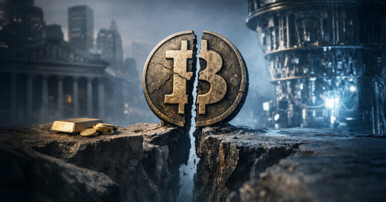 A cracked Bitcoin coin stands over a widening fault line between Wall Street landmarks, symbolizing how the debate has shifted from price targets to upgrade and governance risk