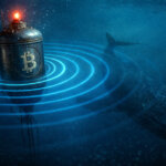 A Bitcoin-marked buoy sends sonar rings as a shadowy whale approaches, symbolizing a Bitfinex whale returning to markets and accumulating about 450 BTC per day