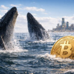 Two whales breach near a floating Bitcoin coin off a city skyline, symbolizing whale activity that once drove BTC to new highs as data now points to near-term volatility