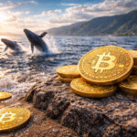Stacks of Bitcoin coins sit on a rocky shoreline as whales breach in the background, symbolizing major BTC accumulation by large holders as smaller wallets sell.