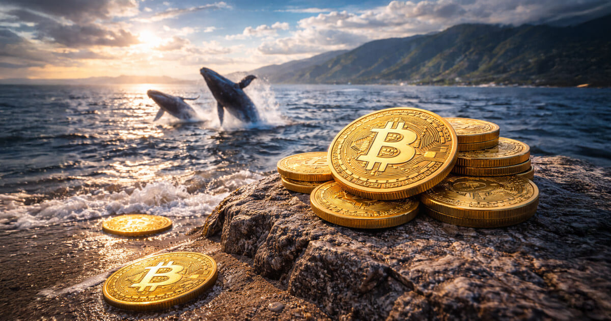 Stacks of Bitcoin coins sit on a rocky shoreline as whales breach in the background, symbolizing major BTC accumulation by large holders as smaller wallets sell.