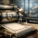 Industrial press stamping Bitcoin-branded securities beside a BlackRock nameplate, illustrating how a $14B preferred ETF channels bitcoin funding into income markets.
