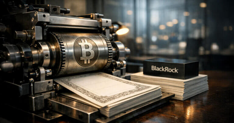 Industrial press stamping Bitcoin-branded securities beside a BlackRock nameplate, illustrating how a $14B preferred ETF channels bitcoin funding into income markets.