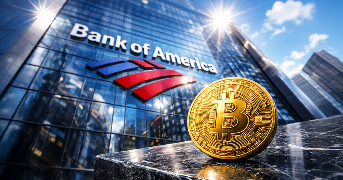 A Bitcoin coin in front of the Bank of America tower, highlighting the bank’s move to offer Bitcoin access and why the shift signals growing institutional adoption.