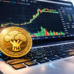 A golden crypto token sits on a laptop displaying volatile trading charts, illustrating how a trader capitalized on a Binance New Year glitch to secure a $1.5 million profit.