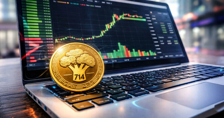 A golden crypto token sits on a laptop displaying volatile trading charts, illustrating how a trader capitalized on a Binance New Year glitch to secure a $1.5 million profit.