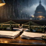 A shattered miniature bridge over torn legislation on a desk, with the US Capitol blurred behind, symbolizing the collapse of bipartisan Senate crypto talks and stalled developer protections