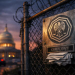Complaint drop box with a federal seal on a fence near the US Capitol at dusk, symbolizing expanded CFTC spot oversight and a new retail crypto complaint pipeline