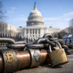 Heavy chains and padlocks bearing Bitcoin and Ethereum symbols block a pipeline near the US Capitol, illustrating Fairshake targeting crypto’s regulatory chokepoints with its midterm war chest