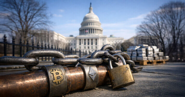 Heavy chains and padlocks bearing Bitcoin and Ethereum symbols block a pipeline near the US Capitol, illustrating Fairshake targeting crypto’s regulatory chokepoints with its midterm war chest