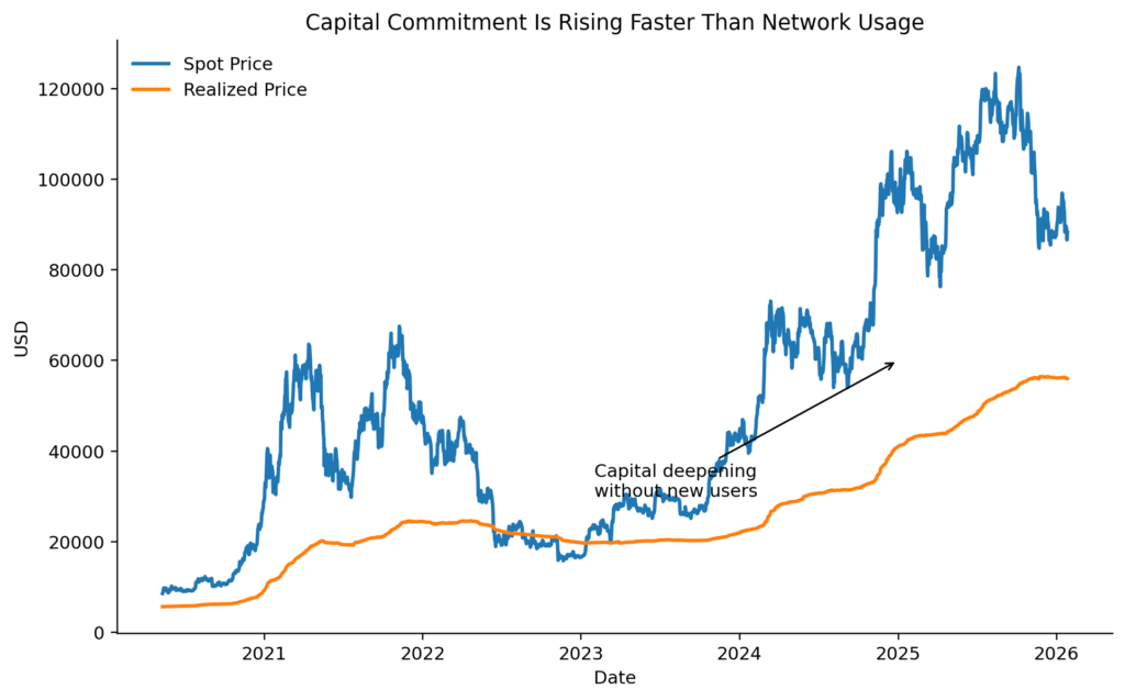 Bitcoin spot price compared with realized price from 2020 to 2026, showing realized price rising steadily while spot price overshoots during major bull market phases.