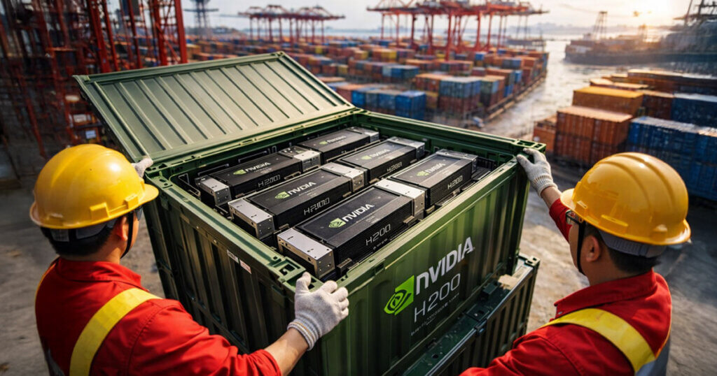 Workers at a shipping port inspect a container of Nvidia H200 chips, highlighting Beijing’s pause and renewed pressure on Bitcoin’s correlation with AI stocks.