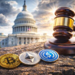 Bitcoin, Ethereum, and USDC coins beside a judge’s gavel in front of the U.S. Capitol, illustrating the CLARITY Act’s January markup and remaining regulatory uncertainties.