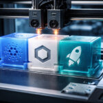 A 3D printer fabricates glowing crypto blocks with Cardano, Chainlink, and Stellar icons, symbolizing CME expanding its crypto products suite after early success