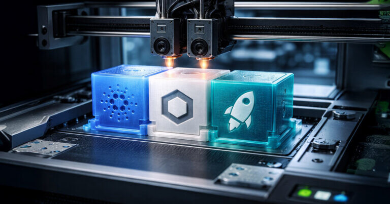 A 3D printer fabricates glowing crypto blocks with Cardano, Chainlink, and Stellar icons, symbolizing CME expanding its crypto products suite after early success