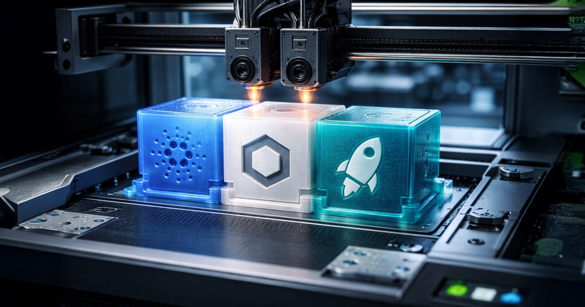 A 3D printer fabricates glowing crypto blocks with Cardano, Chainlink, and Stellar icons, symbolizing CME expanding its crypto products suite after early success