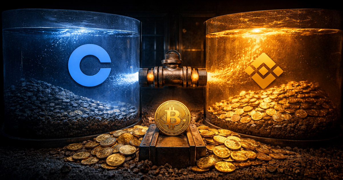 Coinbase and Binance liquidity tanks show uneven Bitcoin balances and flow, illustrating a widening BTC price gap driven by cross-exchange dynamics beyond simple US demand shifts